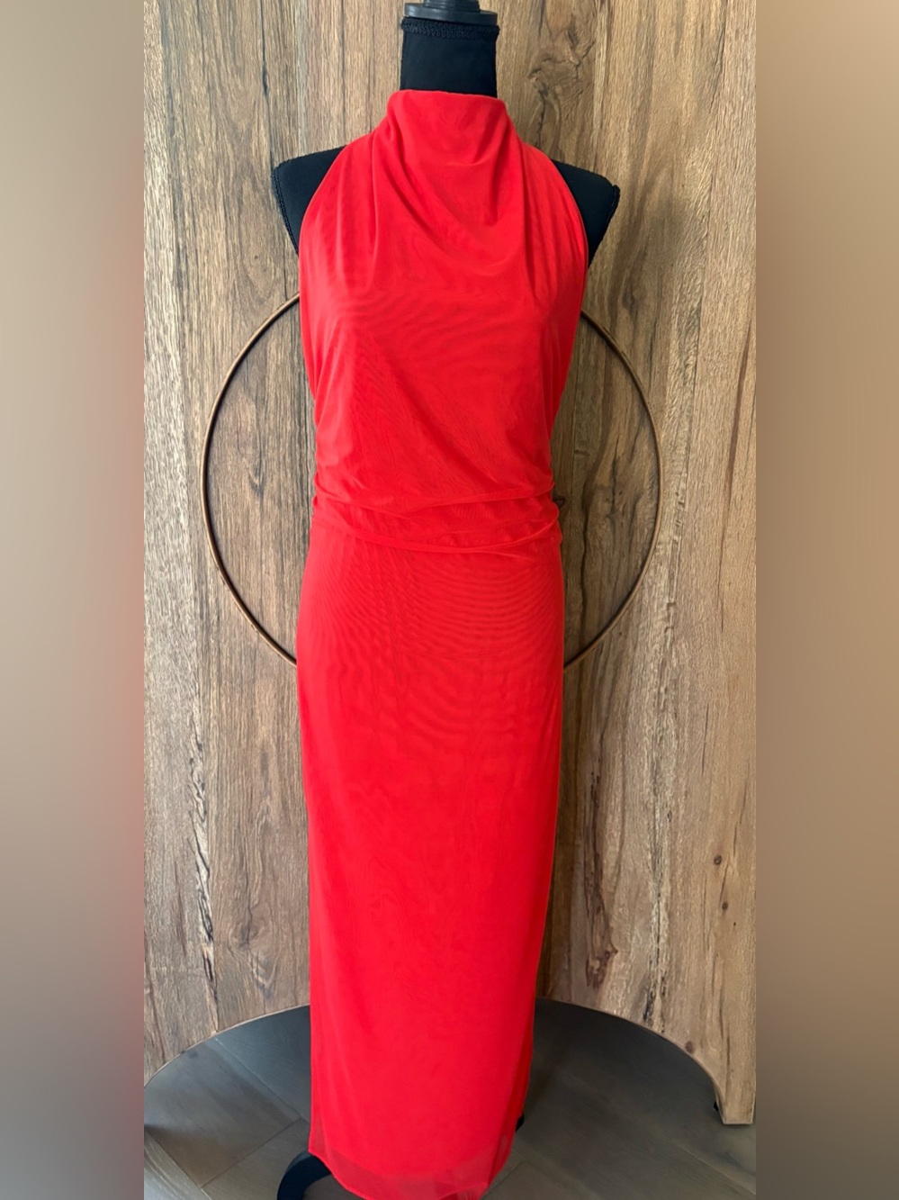 SIR.Red Halter Maxi Dress with Draped Neckline